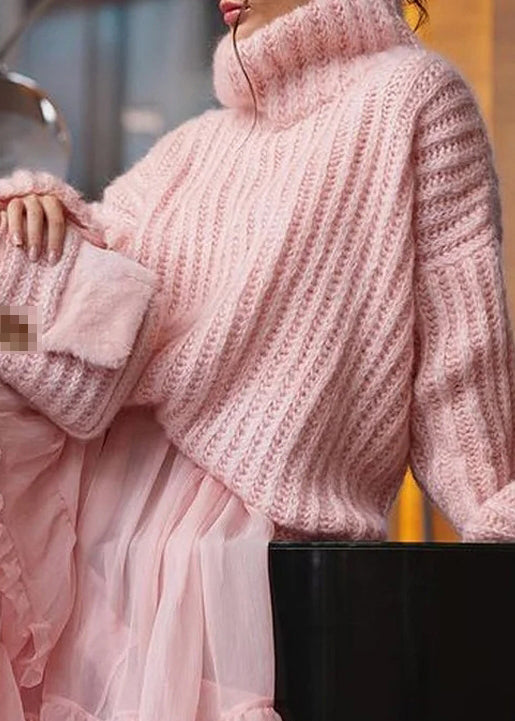 Loose Pink Turtleneck Solid Knit Sweaters Spring TF005
