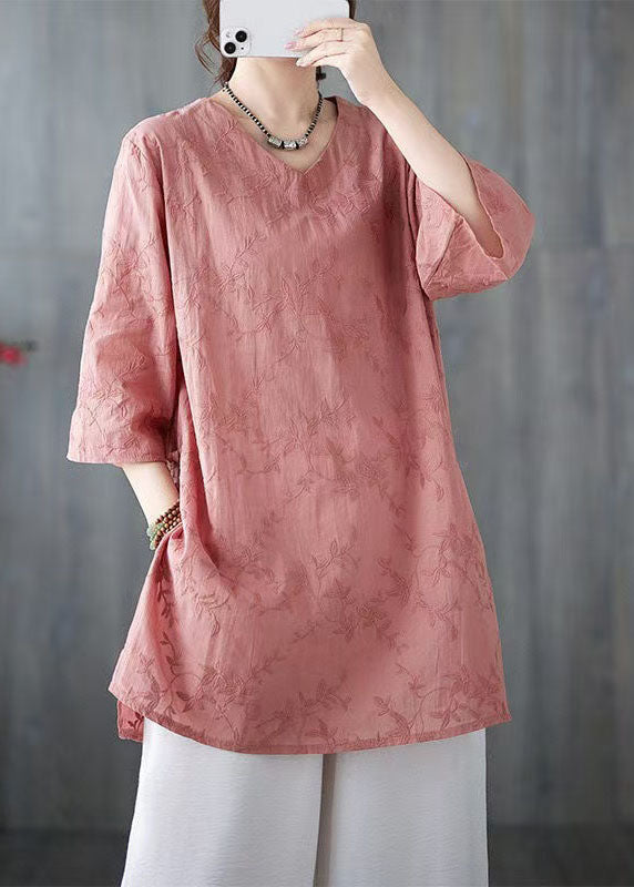 Neck V Bracelet Pink Sleeve Cotton Loose Top Embroidered FashionChic