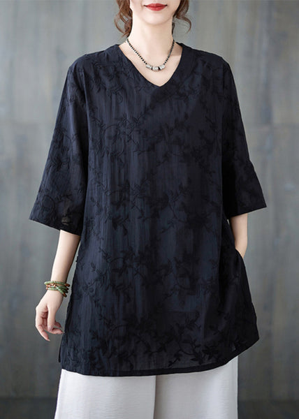 Neck V Bracelet Pink Sleeve Cotton Loose Top Embroidered FashionChic