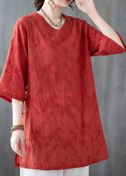 Neck V Bracelet Pink Sleeve Cotton Loose Top Embroidered FashionChic