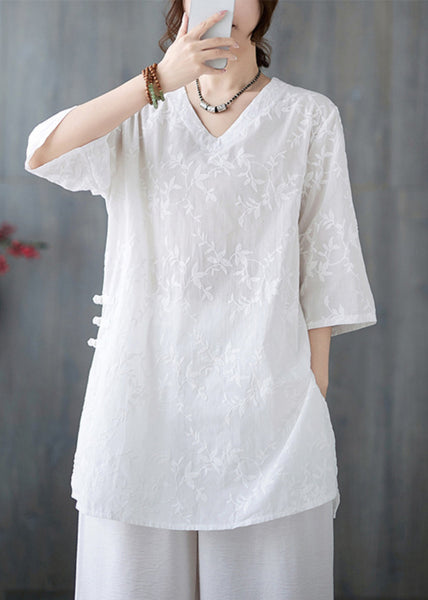 Neck V Bracelet Pink Sleeve Cotton Loose Top Embroidered FashionChic