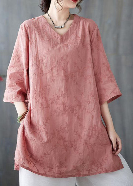Neck V Bracelet Pink Sleeve Cotton Loose Top Embroidered FashionChic