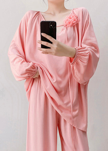 Pajamas Loose Pink Two Neck Floral V Fall Piece Set Cotton FashionChic