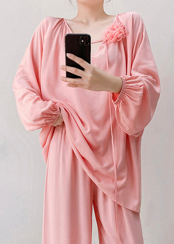 Pajamas Loose Pink Two Neck Floral V Fall Piece Set Cotton FashionChic