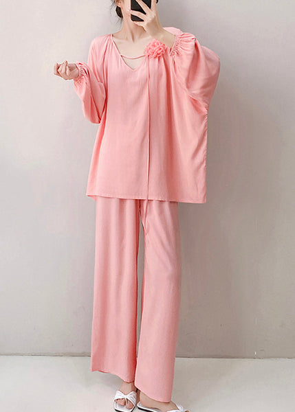 Pajamas Loose Pink Two Neck Floral V Fall Piece Set Cotton FashionChic