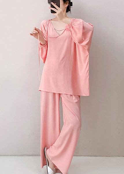 Pajamas Loose Pink Two Neck Floral V Fall Piece Set Cotton FashionChic