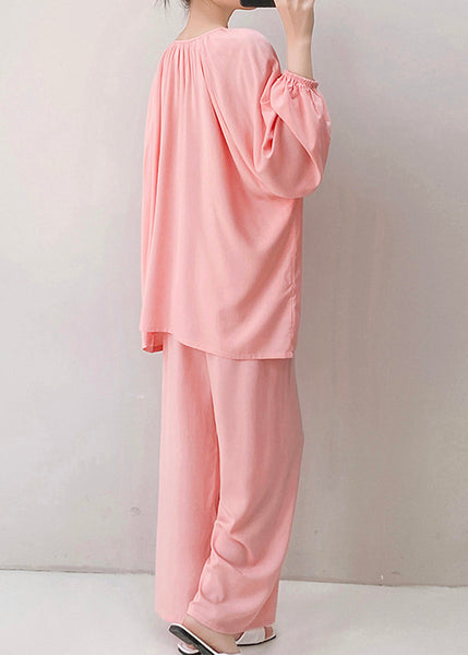 Pajamas Loose Pink Two Neck Floral V Fall Piece Set Cotton FashionChic