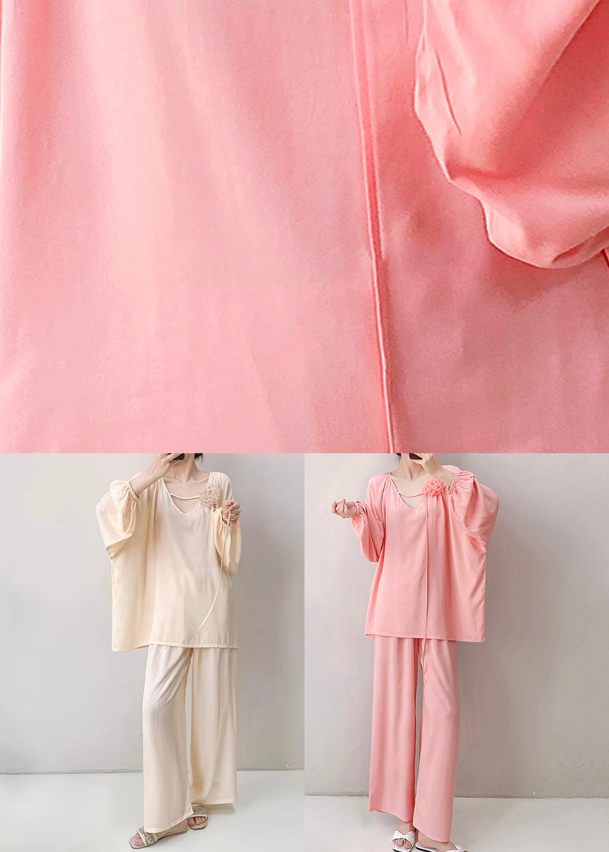 Pajamas Loose Pink Two Neck Floral V Fall Piece Set Cotton FashionChic