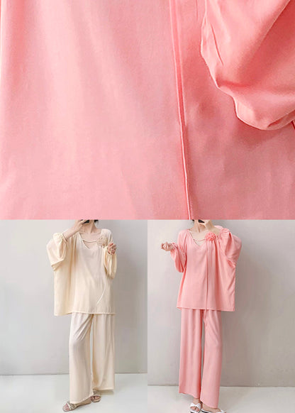 Pajamas Loose Pink Two Neck Floral V Fall Piece Set Cotton FashionChic