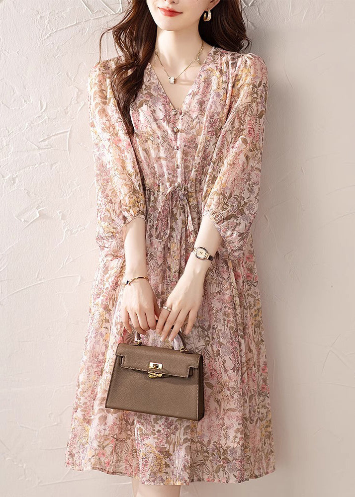 V Chiffon Dress Loose Summer Neck Print Drawstring Pink FashionChic
