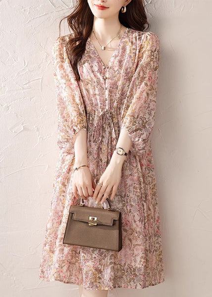 V Chiffon Dress Loose Summer Neck Print Drawstring Pink FashionChic