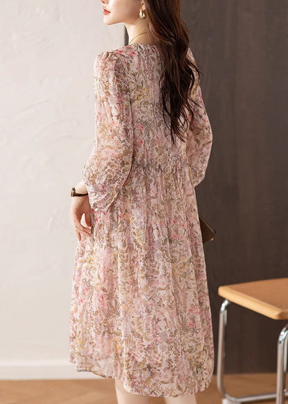 V Chiffon Dress Loose Summer Neck Print Drawstring Pink FashionChic