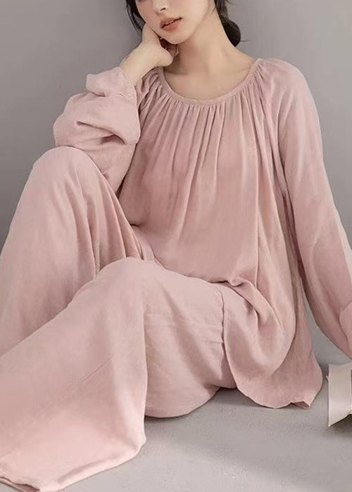 Two-Piece Solid Pink Cotton Fall Loose Pajamas Set Wrinkled FashionChic