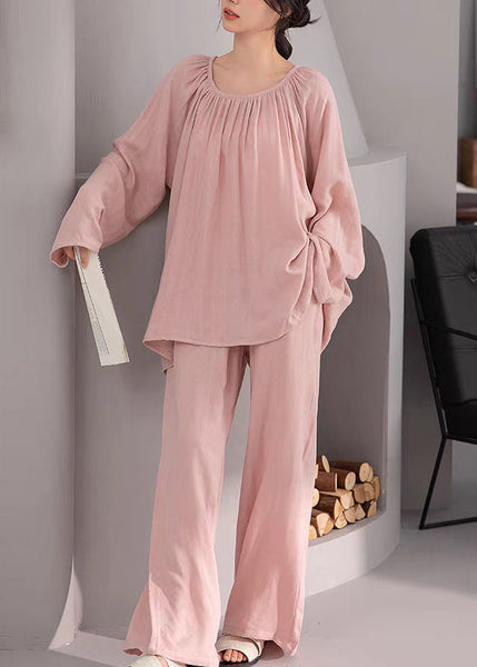 Two-Piece Solid Pink Cotton Fall Loose Pajamas Set Wrinkled FashionChic
