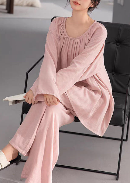 Two-Piece Solid Pink Cotton Fall Loose Pajamas Set Wrinkled FashionChic