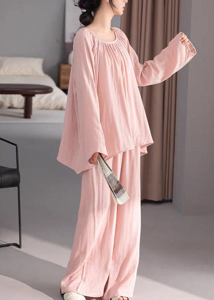 Two-Piece Solid Pink Cotton Fall Loose Pajamas Set Wrinkled FashionChic