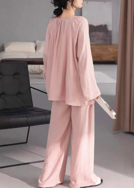 Two-Piece Solid Pink Cotton Fall Loose Pajamas Set Wrinkled FashionChic