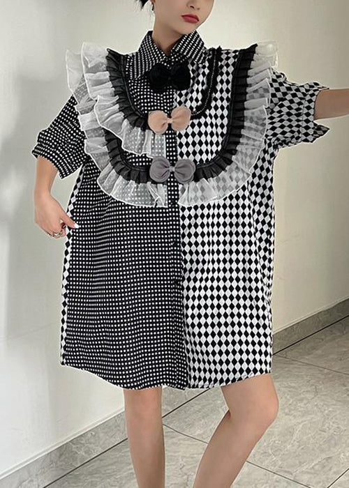 Loose Plaid Asymmetrical Ruffled Cotton Shirts Dresses Summer XX066 SH-LF-SDM240611