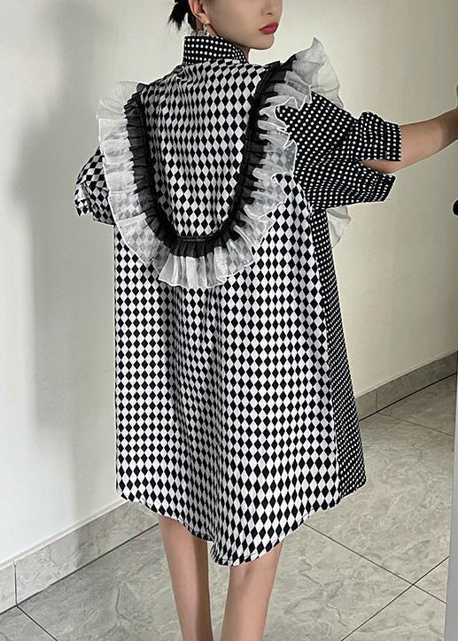 Loose Plaid Asymmetrical Ruffled Cotton Shirts Dresses Summer XX066 SH-LF-SDM240611