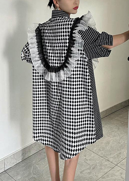 Loose Plaid Asymmetrical Ruffled Cotton Shirts Dresses Summer XX066 SH-LF-SDM240611