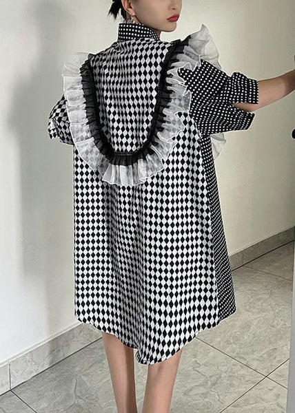 Loose Plaid Asymmetrical Ruffled Cotton Shirts Dresses Summer XX066 SH-LF-SDM240611