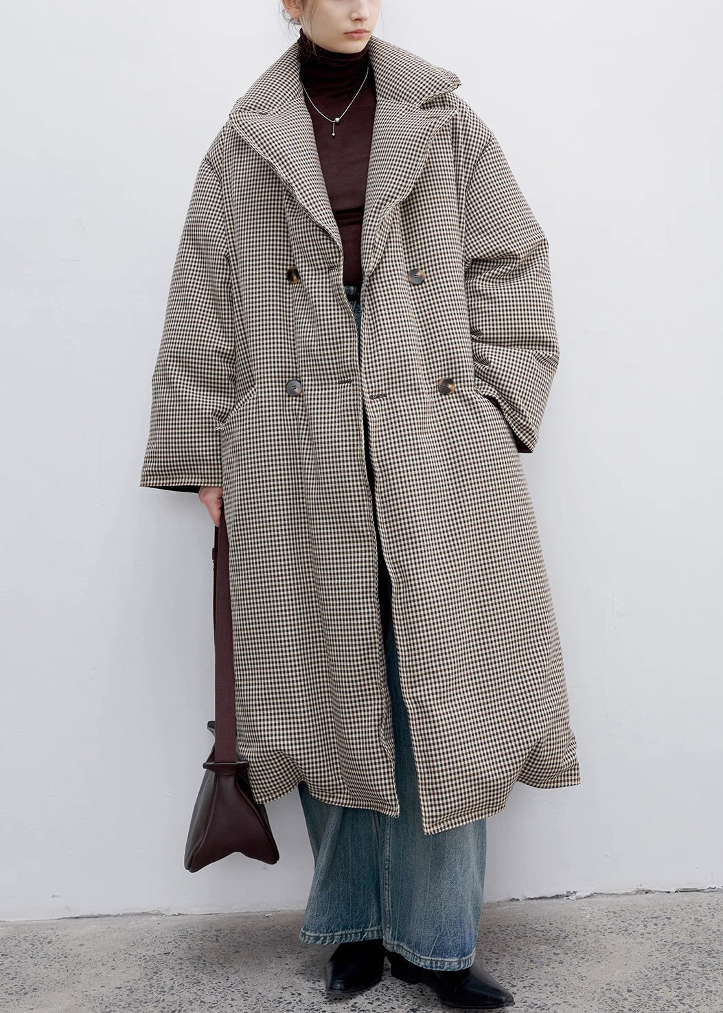 Loose Plaid Notched Double Breast Duck Down Long Coats Winter YW033 ABC