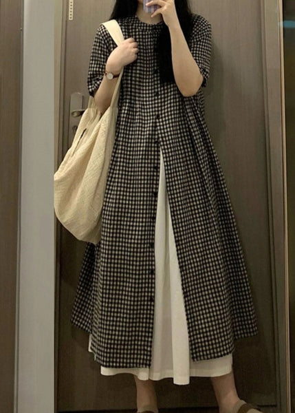 Loose Plaid O-Neck Button Long Smock Short Sleeve GH1069 Ada Fashion