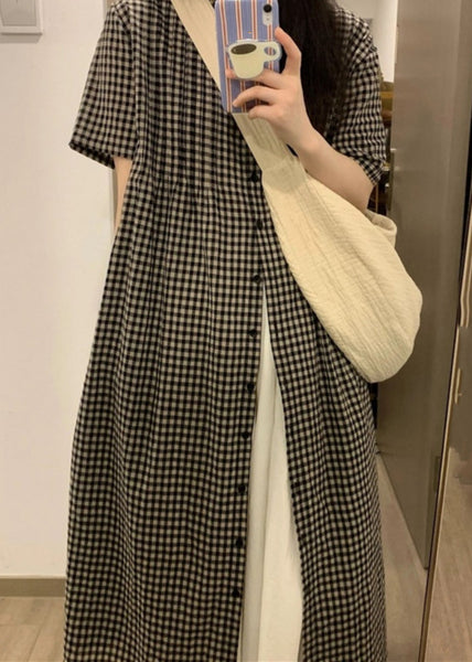 Loose Plaid O-Neck Button Long Smock Short Sleeve GH1069 Ada Fashion