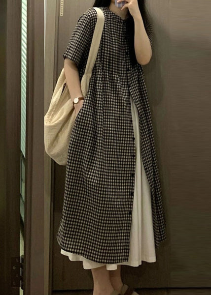 Loose Plaid O-Neck Button Long Smock Short Sleeve GH1069 Ada Fashion