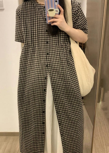 Loose Plaid O-Neck Button Long Smock Short Sleeve GH1069 Ada Fashion