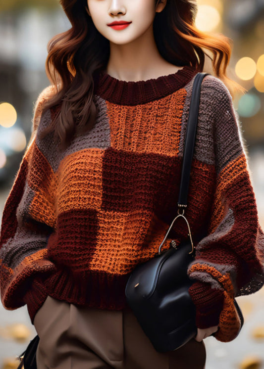 Loose Plaid O Neck Cozy Patchwork Knit Sweater Winter WX022 ABC