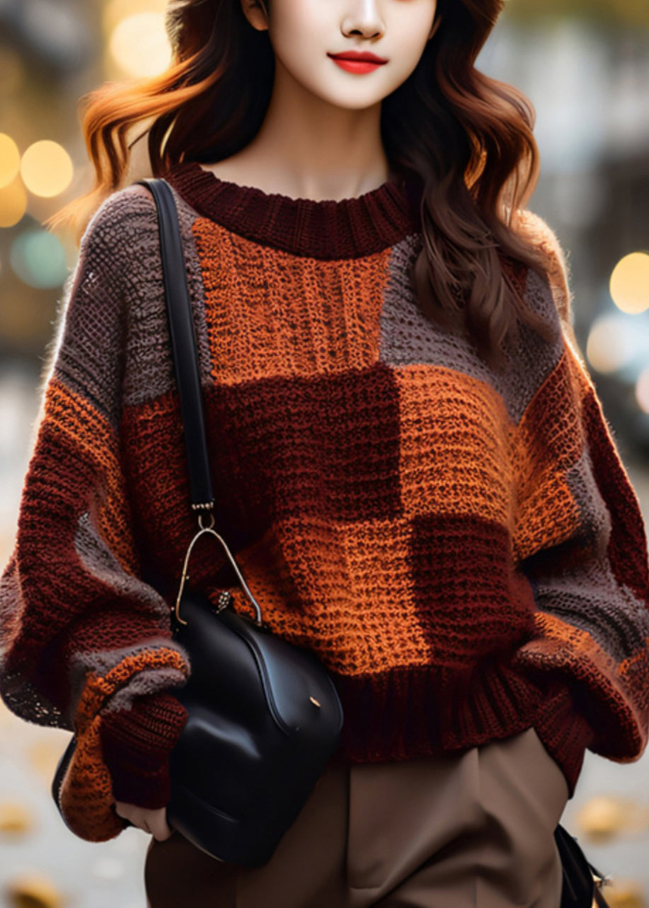 Loose Plaid O Neck Cozy Patchwork Knit Sweater Winter WX022 ABC