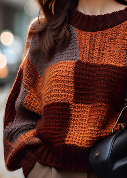 Loose Plaid O Neck Cozy Patchwork Knit Sweater Winter WX022 ABC