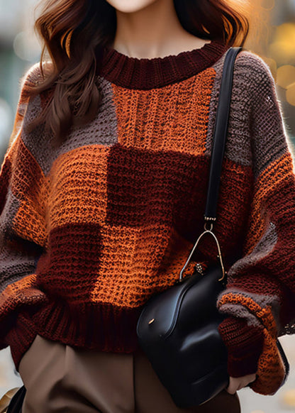 Loose Plaid O Neck Cozy Patchwork Knit Sweater Winter WX022 ABC