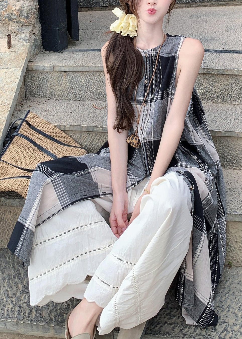 Cotton Dress Loose Pants Plaid Wide Shirts White And Two Leg FashionChic