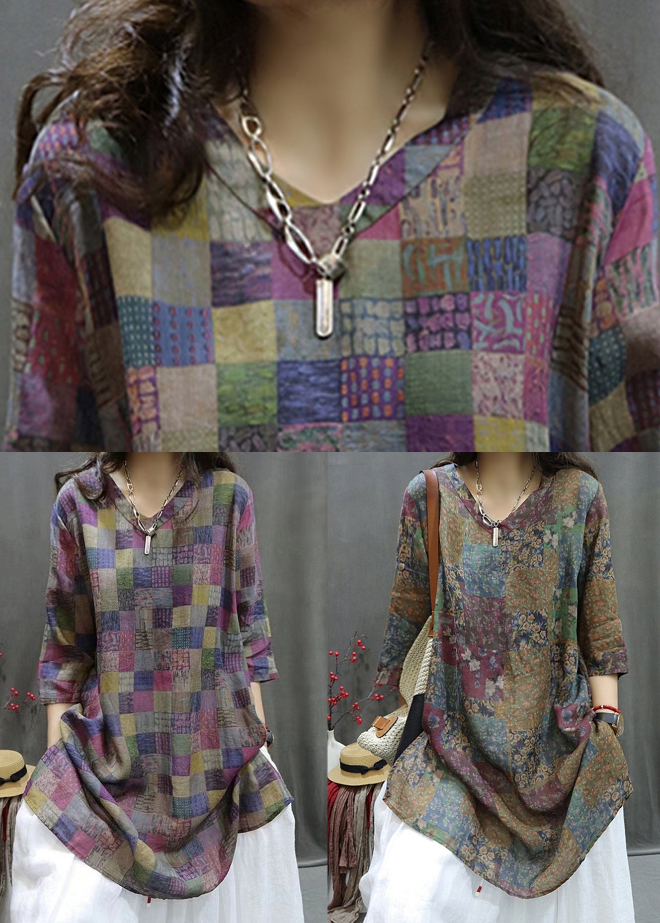 Loose Plaid V Neck Print Linen Shirt Half Sleeve GG036 MZF-HTP240610