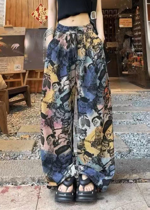 Loose Print Pants Summer Drawstring Cotton Pockets FashionChic