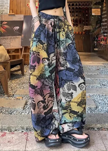 Loose Print Pants Summer Drawstring Cotton Pockets FashionChic