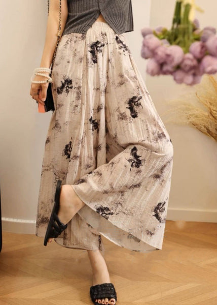 Loose Waist Cotton Leg Pockets Elastic Print Pants Summer Wide FashionChic