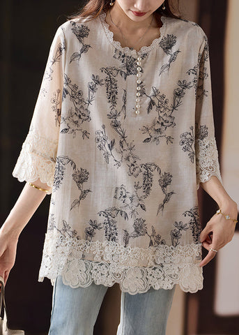 Side Blouses Loose Patchwork Open Cotton Lace Print Bracelet FashionChic