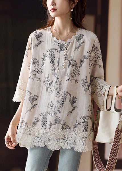 Side Blouses Loose Patchwork Open Cotton Lace Print Bracelet FashionChic