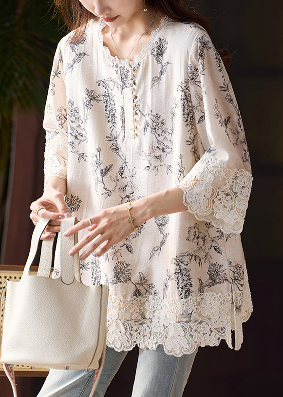 Side Blouses Loose Patchwork Open Cotton Lace Print Bracelet FashionChic