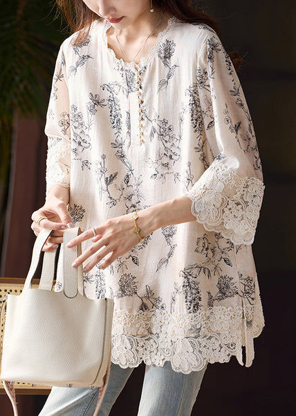 Side Blouses Loose Patchwork Open Cotton Lace Print Bracelet FashionChic