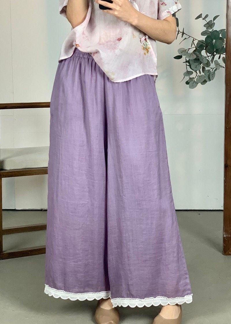 Leg Pants Wide Patchwork Waist Loose Linen Purple Lace Elastic FashionChic