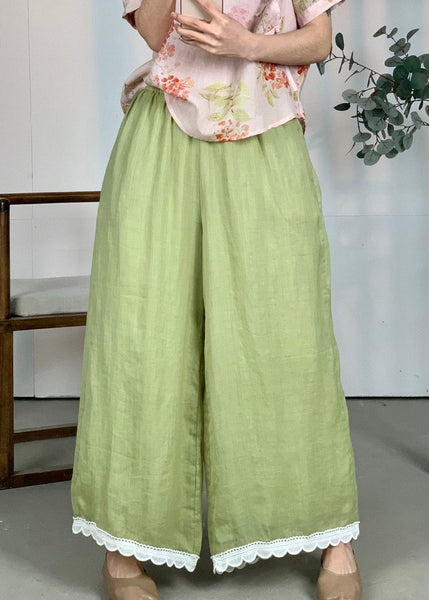 Leg Pants Wide Patchwork Waist Loose Linen Purple Lace Elastic FashionChic