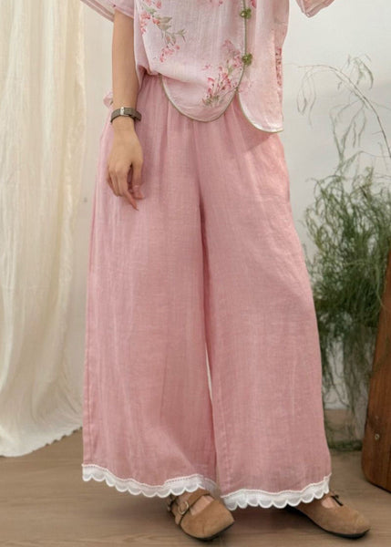Leg Pants Wide Patchwork Waist Loose Linen Purple Lace Elastic FashionChic