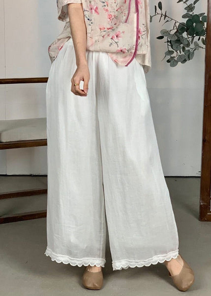 Leg Pants Wide Patchwork Waist Loose Linen Purple Lace Elastic FashionChic