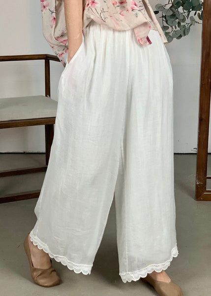 Leg Pants Wide Patchwork Waist Loose Linen Purple Lace Elastic FashionChic