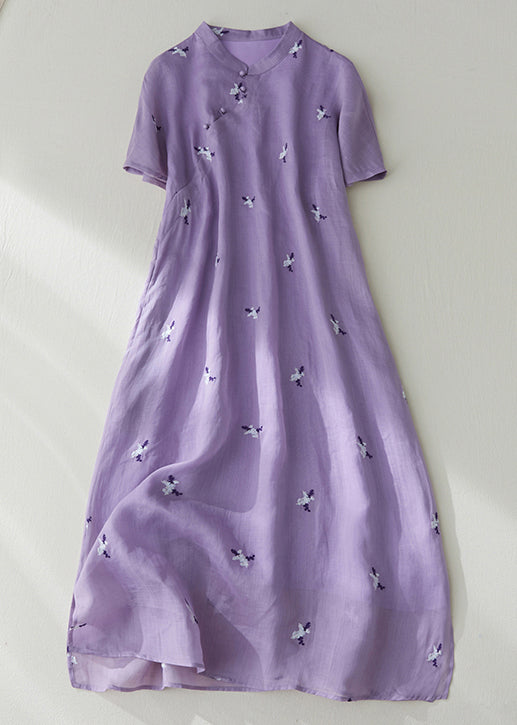 Loose Purple Embroidered Button Pockets Cotton Dress Summer VV010 HS-SDL240627