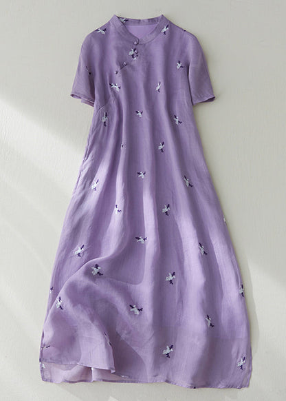 Loose Purple Embroidered Button Pockets Cotton Dress Summer VV010 HS-SDL240627